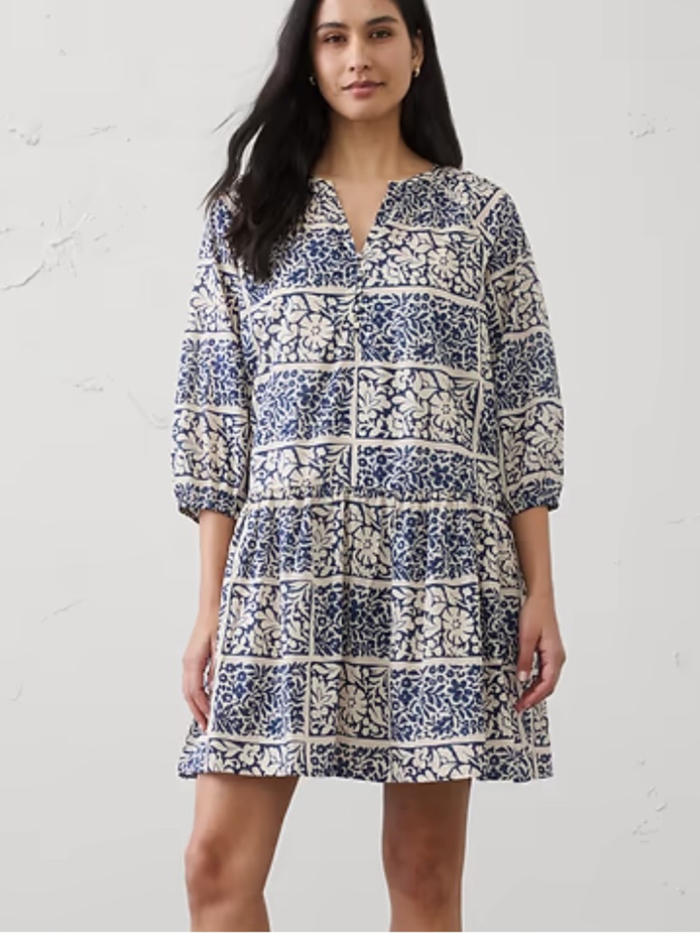 NWT Banana Republic drop waist floral blue tan block print v neck dress Small